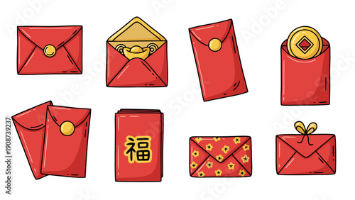 Collection of red envelopes with gold accents and Chinese symbols for luck and prosperity