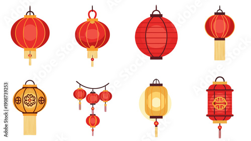 Collection of traditional Chinese lanterns in various shapes and colors for festive occasions