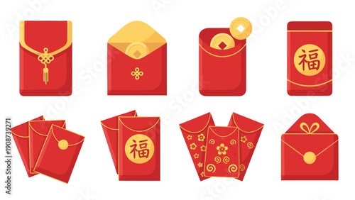 Collection of red envelopes with gold accents and coins, symbolizing luck and prosperity