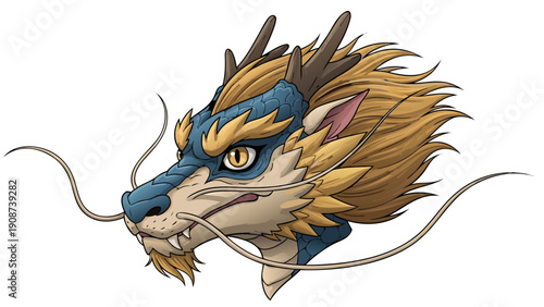 Detailed illustration of a majestic blue and gold dragon head with flowing mane