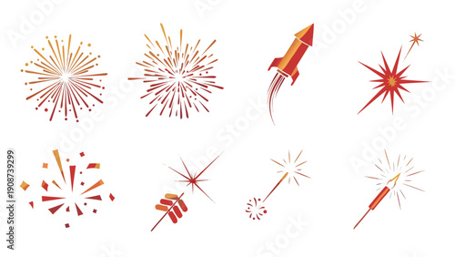 Collection of festive fireworks and sparklers in a gradient red and orange color palette