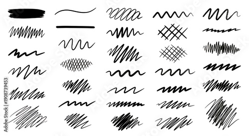 Collection of black hand drawn scribbles and strokes on white background for design and artistic use