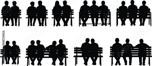 People sitting on park bench silhouettes, group social interaction, friendship concept, black and white vector illustration set isolated collection design