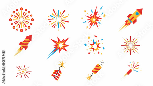 Collection of colorful fireworks and rockets exploding in the night sky