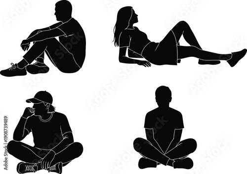 People sitting silhouettes collection, men and women relaxed poses, seated human figures, casual positions, black isolated vector illustration set