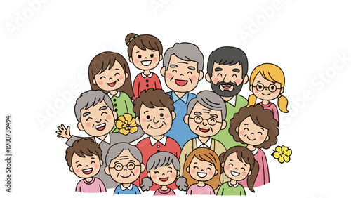 Diverse cartoon family portrait showing multiple generations smiling together happily