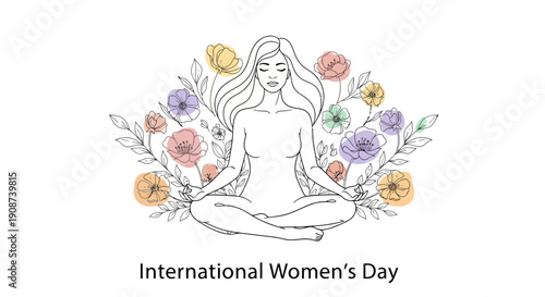 Woman Meditating with Flowers International Womens Day.