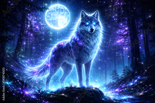 Glowing Wolf Under Full Moon in Enchanted Forest