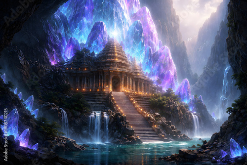 An ethereal crystal temple in the mountains, surrounded by glowing gems and cascading waterfalls.