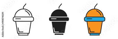 Plastic Cup with Dome Lid Icon Vector. Plastic drink cup icon set with dome lid and straw, ideal for boba tea, iced coffee, slushies, and juice bar branding.