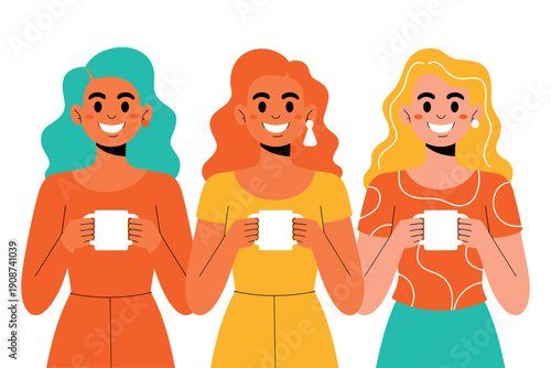 Three diverse women enjoying coffee together in a friendly gathering