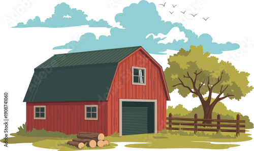 A red barn with a green roof and a wooden fence in a rural landscape