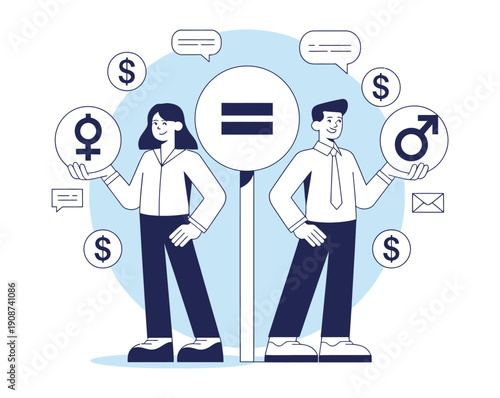 A man and woman standing together, symbolizing gender equality and equal pay for equal work in a modern business setting.