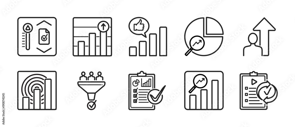 Fototapeta premium Content Optimization and Analytics Minimalis Outline Vector Icon Set – Performance, Engagement, Insights, Growth and Reporting Metrics