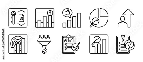 Content Optimization and Analytics Minimalis Outline Vector Icon Set – Performance, Engagement, Insights, Growth and Reporting Metrics