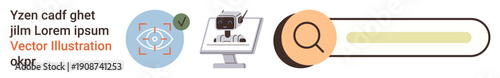 Online privacy, identity verification, AI technology, cybersecurity, search engine functionality, visual interface. Eye recognition and AI monitor icons with a search bar. Online privacy and identity