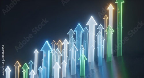Futuristic Digital Art Representing Optimistic and Energetic Business Growth with Rising Arrows on a Dark Background