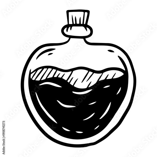 Mystical Potion Bottle Icon With Liquid Illustration In Black And White Vector
