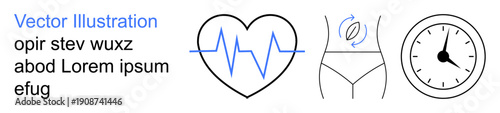 Fitness, health tracking, weight loss, body goals, wellness, time management. Heartbeat line, waist with measurement arrow and clock. Fitness and health tracking concept