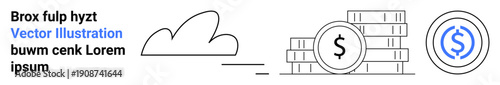 Digital finance, cloud services, online banking, fintech, data storage, economic concepts. Minimalist design money stacks, coins and a cloud icon. Digital finance and cloud services concept