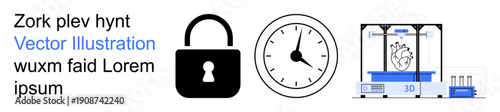 Cybersecurity, time management, 3D printing, innovation, modern technology, industrial design. A lock icon, an analog clock and a 3D printer with a heart model. Cybersecurity and time management