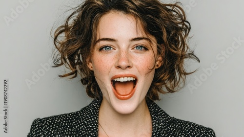 Young Woman with Curly Hair and Freckles Expresses Surprise and Excitement Wide Open Mouth