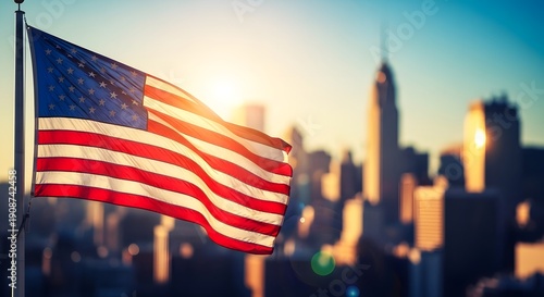 American labor day celebration with usa flag waving in front of city skyline at sunset