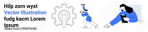 Productivity, teamwork, analysis, collaboration, professional growth, innovation. Gear icon in center, people working on tasks. Productivity and teamwork concept with collaborative efforts