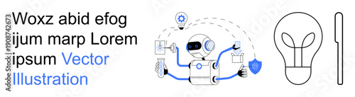 Artificial intelligence, innovation, automation, technology security, smart services, future concepts. Robot with shield, arrows and icons. Artificial intelligence and innovation visualization