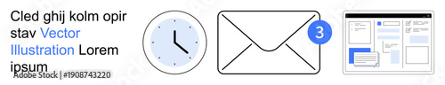 Communication, email notifications, business updates, workflow management, productivity, time tracking. A clock, envelope with notification badge and interface design. Email notifications