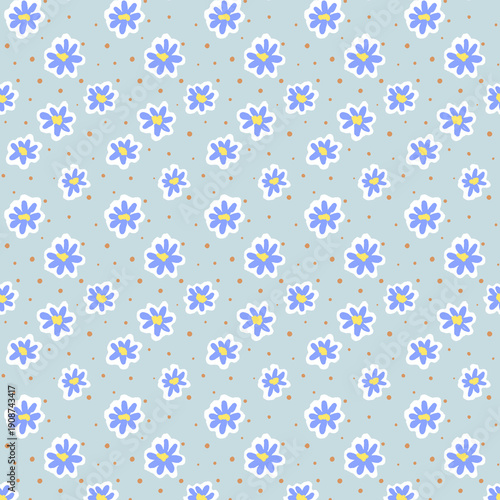 Cute Hand Drawn Blue Daisy Seamless Pattern with Small Dots on Light Blue Background