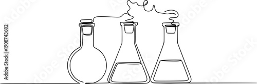 Three different laboratory flasks or bottles with stoppers in one line art style. Drawing with editable black stroke on a white background.
