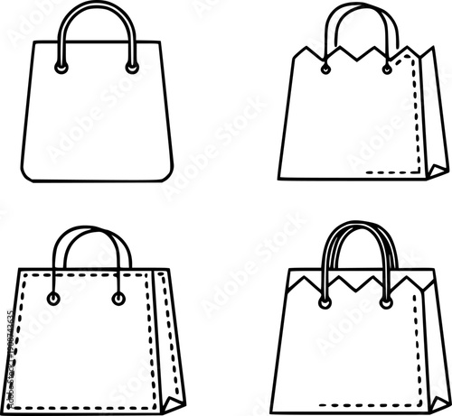 Shopping bag icon. Pictogram of a bag or package with handles and a zigzag top edge: outline lines and dashed line. Four style variations.

