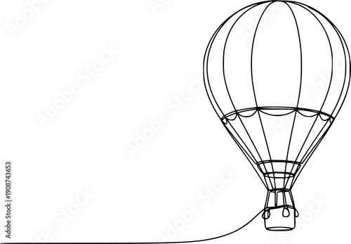 A hot air balloon with a basket in flight symbolizing the idea of travel and freedom. Drawing in one line art style with editable black stroke.
