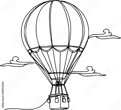 A hot air balloon with a basket in flight symbolizing the idea of travel and freedom. Drawing in one line art style with editable black stroke.
