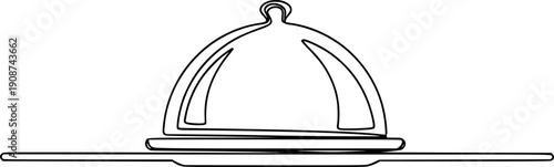 A kitchen plate with a closed lid on a horizontal line, symbolizing restaurant service, cooking, and gastronomy. Drawing in one line art style with editable black stroke.