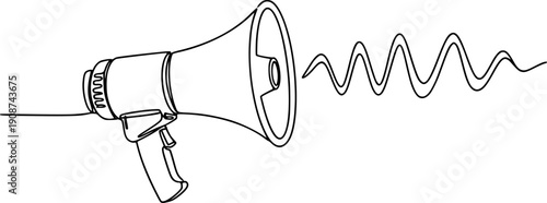 A handheld megaphone on a horizontal line with a wavy extension. Drawing in one line art style with editable black stroke.

