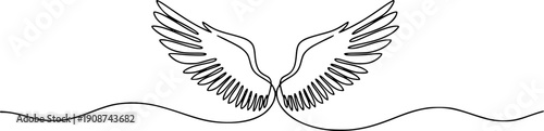 One continuous line of a pair of spread wings. Line art of angel or bird wings on a wavy horizontal line. Drawing in one line style with a black stroke.wing, angel, bird, flight, freedom, soul, heaven