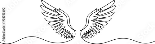 One continuous line of a pair of spread wings. Line art of angel or bird wings on a wavy horizontal line. Drawing in one line style with a black stroke.wing, angel, bird, flight, freedom, soul, heaven
