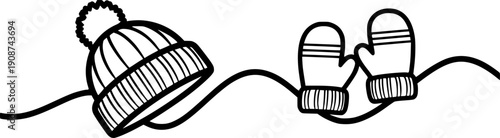 A winter knitted hat with a pom-pom and a pair of mittens on a wavy line, symbolizing warmth, winter holidays, and cozy warm clothing.
