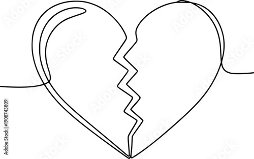 A heart broken in half with a crack in the middle. Drawing in one line art style with editable black stroke. Vector illustration.
