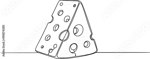 A triangular piece of cheese with large holes on a horizontal line. Drawing in one line art style with editable black stroke.

