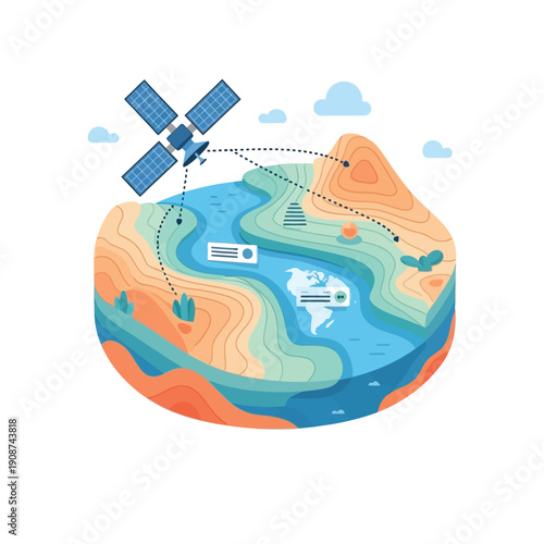 Satellite communication system providing seamless global data transfer and network connectivity across a layered planet earth illustration