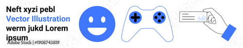 Gaming, digital interaction, online identity, communication, user engagement, social media. happy face, game controller and an ID card graphic. Gaming and online identity visualization