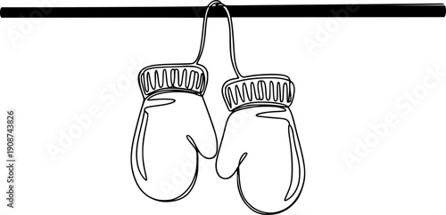 A pair of warm mittens connected by a string on a horizontal line. Drawing in one line art style with black stroke.
