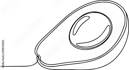 A half of a ripe avocado with a pit on a horizontal line. Drawing in one line art style with editable black stroke.
