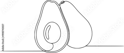 A half of a ripe avocado with a pit on a horizontal line. Drawing in one line art style with editable black stroke.
