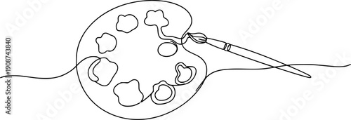 One continuous line of an artist's palette with paints and an art brush. Line art of a palette and a paint brush.
