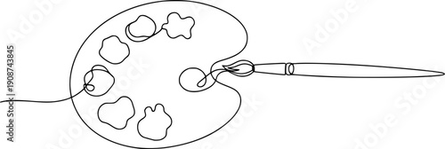 One continuous line of an artist's palette with paints and an art brush. Line art of a palette and a paint brush.
