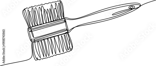 One continuous line of a classic art brush. Line art of a paint brush. Drawing in one line style with a black stroke.
